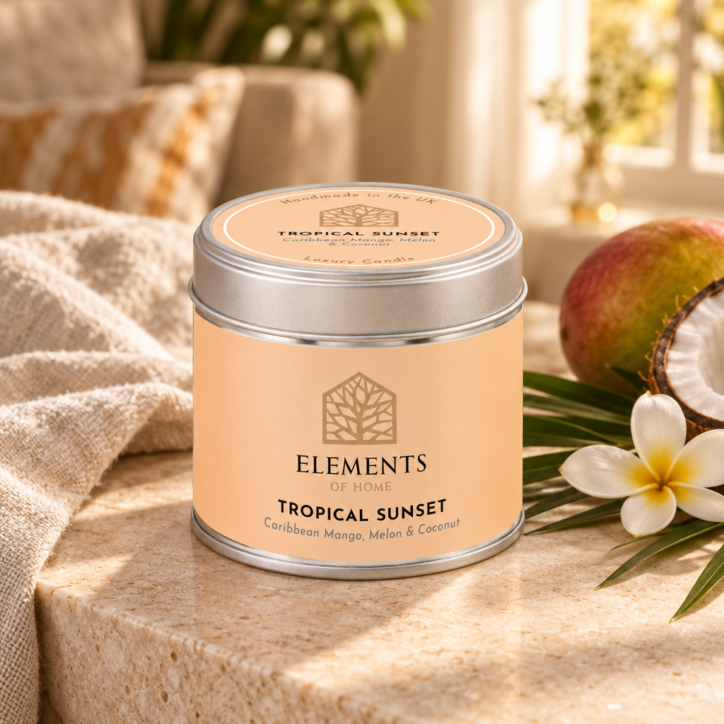 Tropical Sunset scented candle in a 180g tin styled with fresh ingredients – Elements of Fragrance