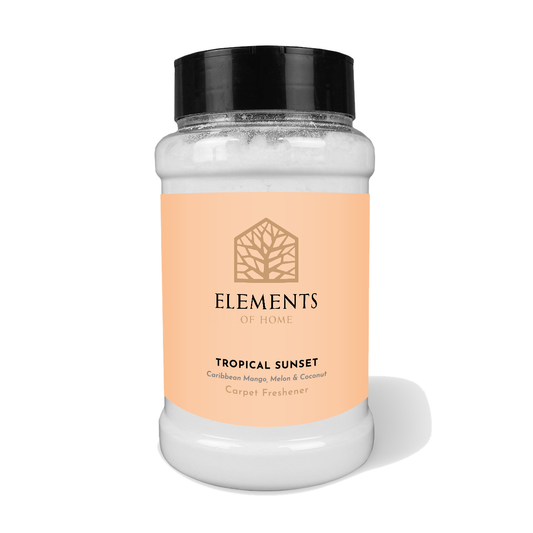 Tropical Sunset scented carpet sprinkles in a shaker tub – Elements of Fragrance