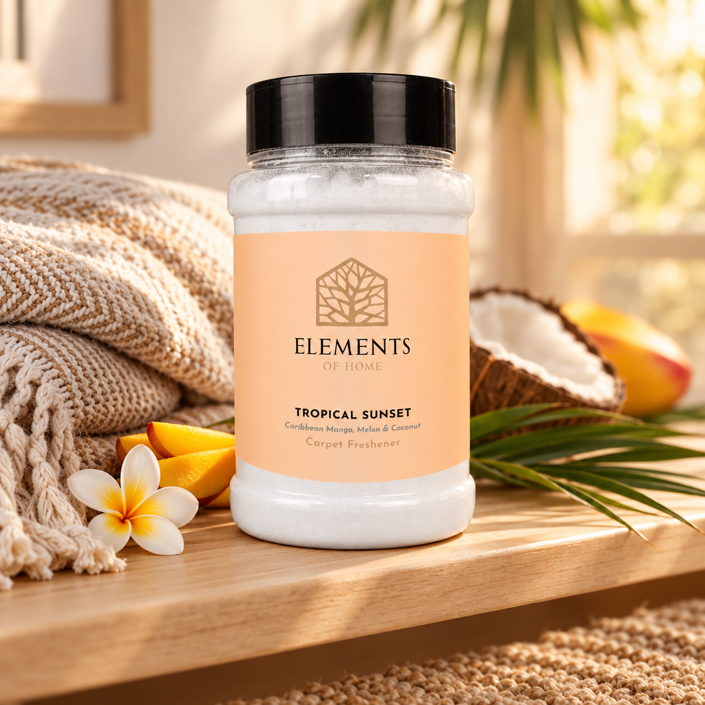 Tropical Sunset scented carpet sprinkles shaker tub on a wooden shelf with cosy throws – Elements of Fragrance