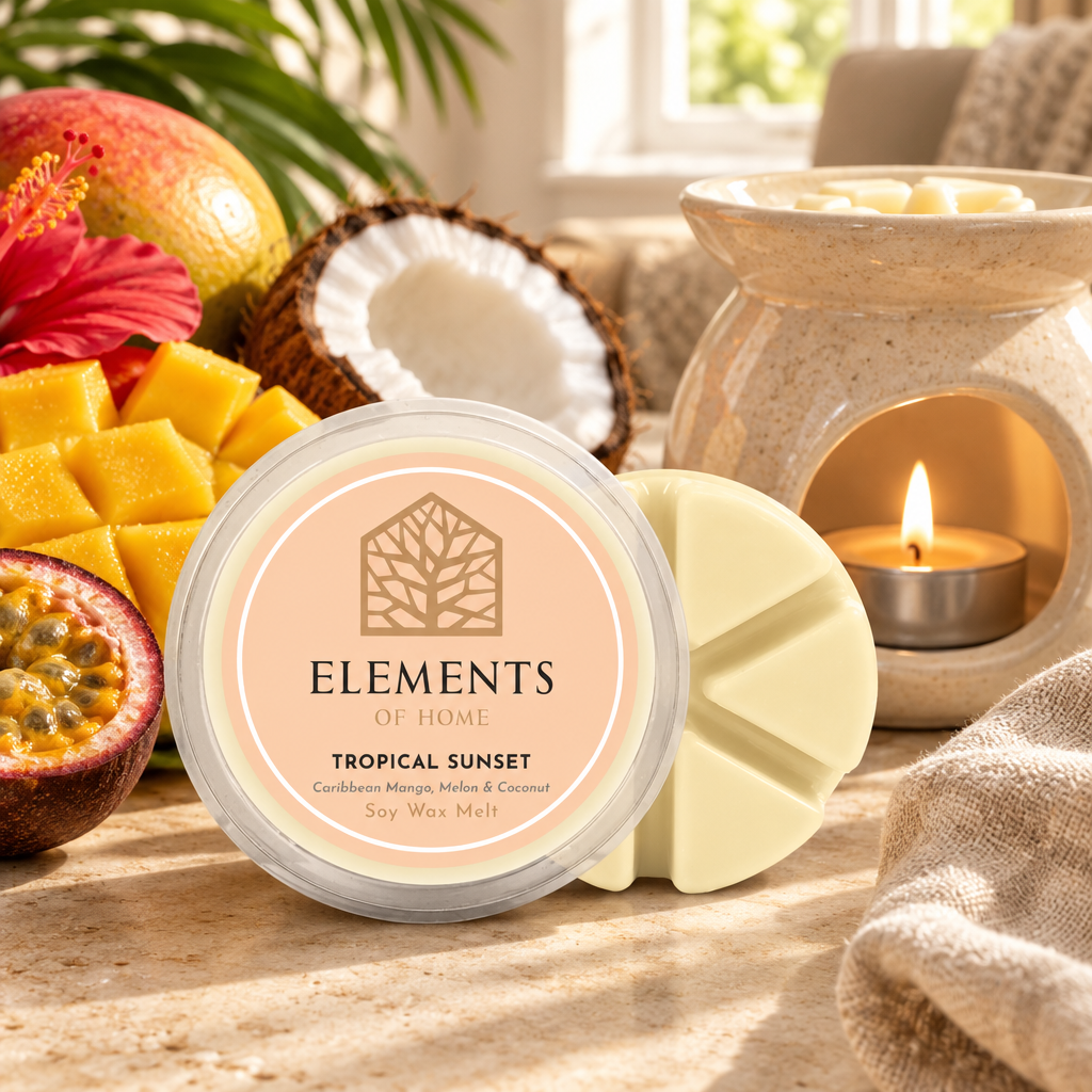 Tropical Sunset 50g soy wax melt snap pot beside a lit ceramic wax burner – Elements of Fragrance