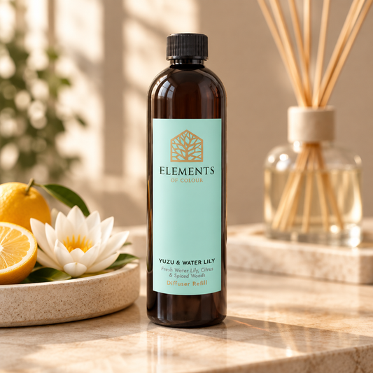 Yuzu & Waterlily reed diffuser refill bottle beside a reed diffuser – Elements of Fragrance