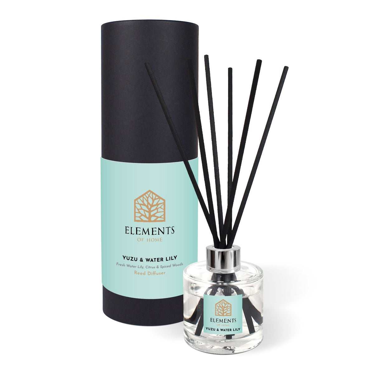 Yuzu & Waterlily 100ml reed diffuser with black reeds and gift tube – Elements of Fragrance