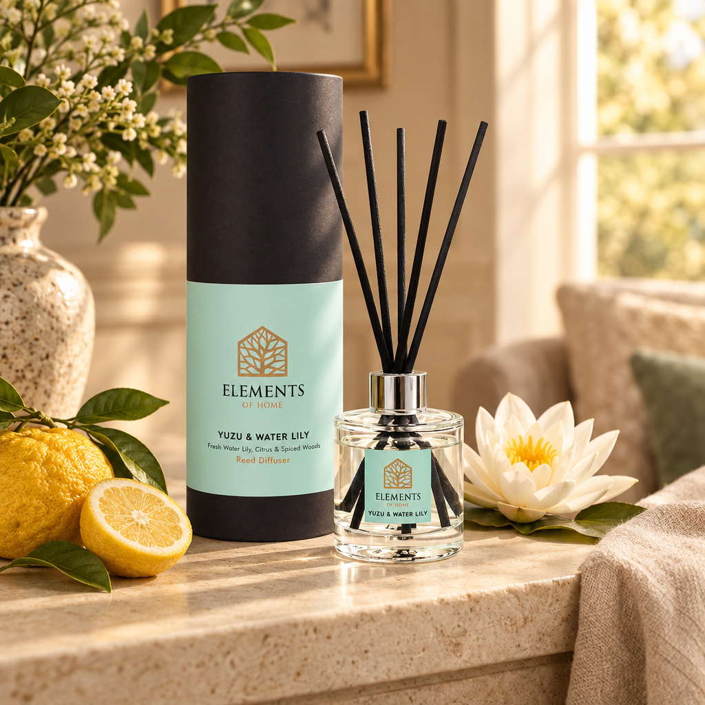 Yuzu & Waterlily 100ml reed diffuser with black reeds styled in a sunlit living room – Elements of Fragrance