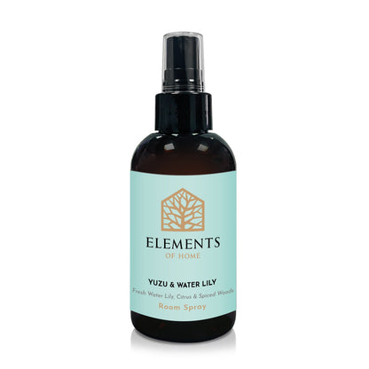 Yuzu & Waterlily room spray in an amber glass spray bottle – Elements of Fragrance