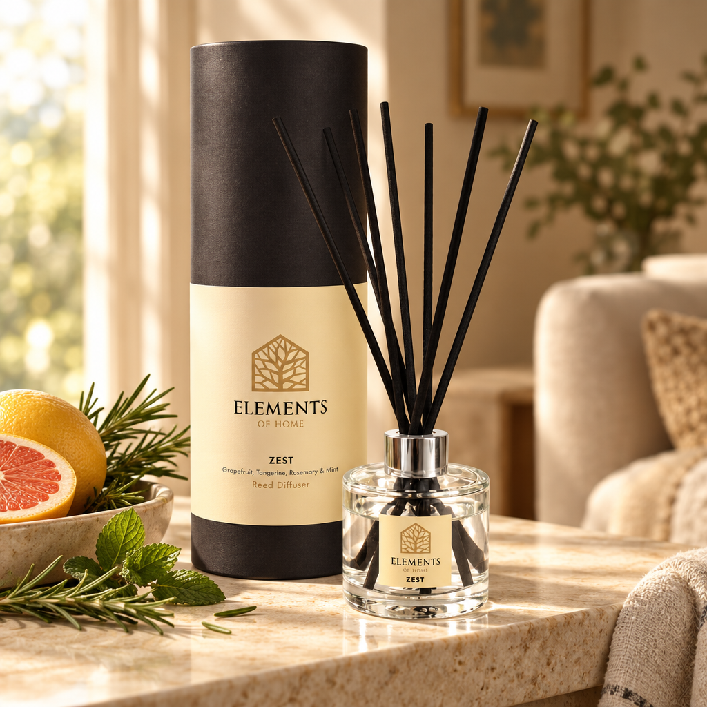 Zest 100ml reed diffuser with black reeds styled in a sunlit living room – Elements of Fragrance
