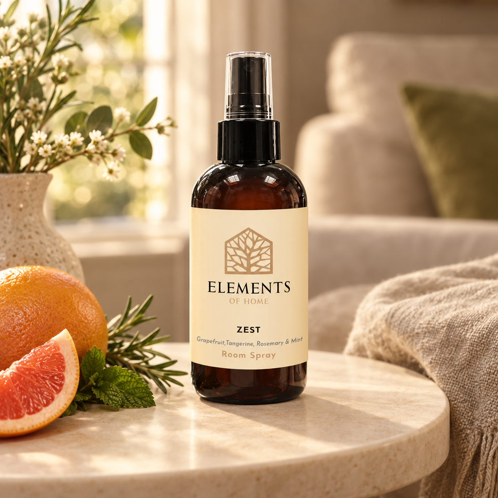 Zest room spray on a side table in a sunlit living room – Elements of Fragrance